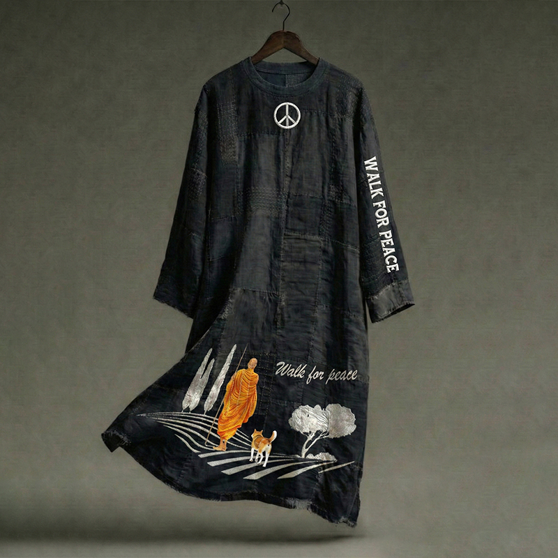 Vintage For Peace And Aloka Dog Art Round Neck Dress