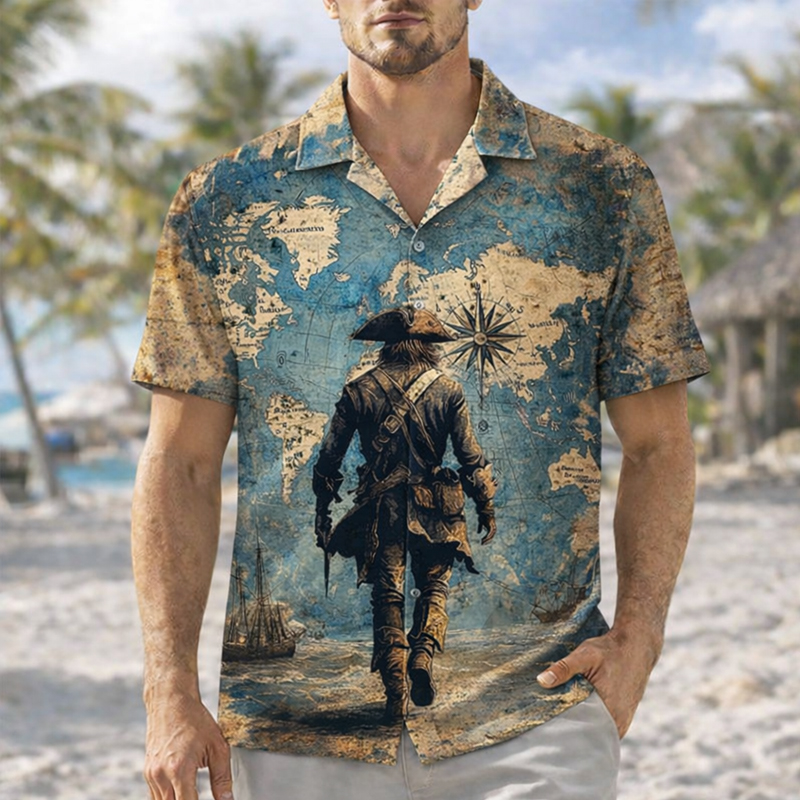 Men's Pirate Art Printed Casual Hawaiian Shirt