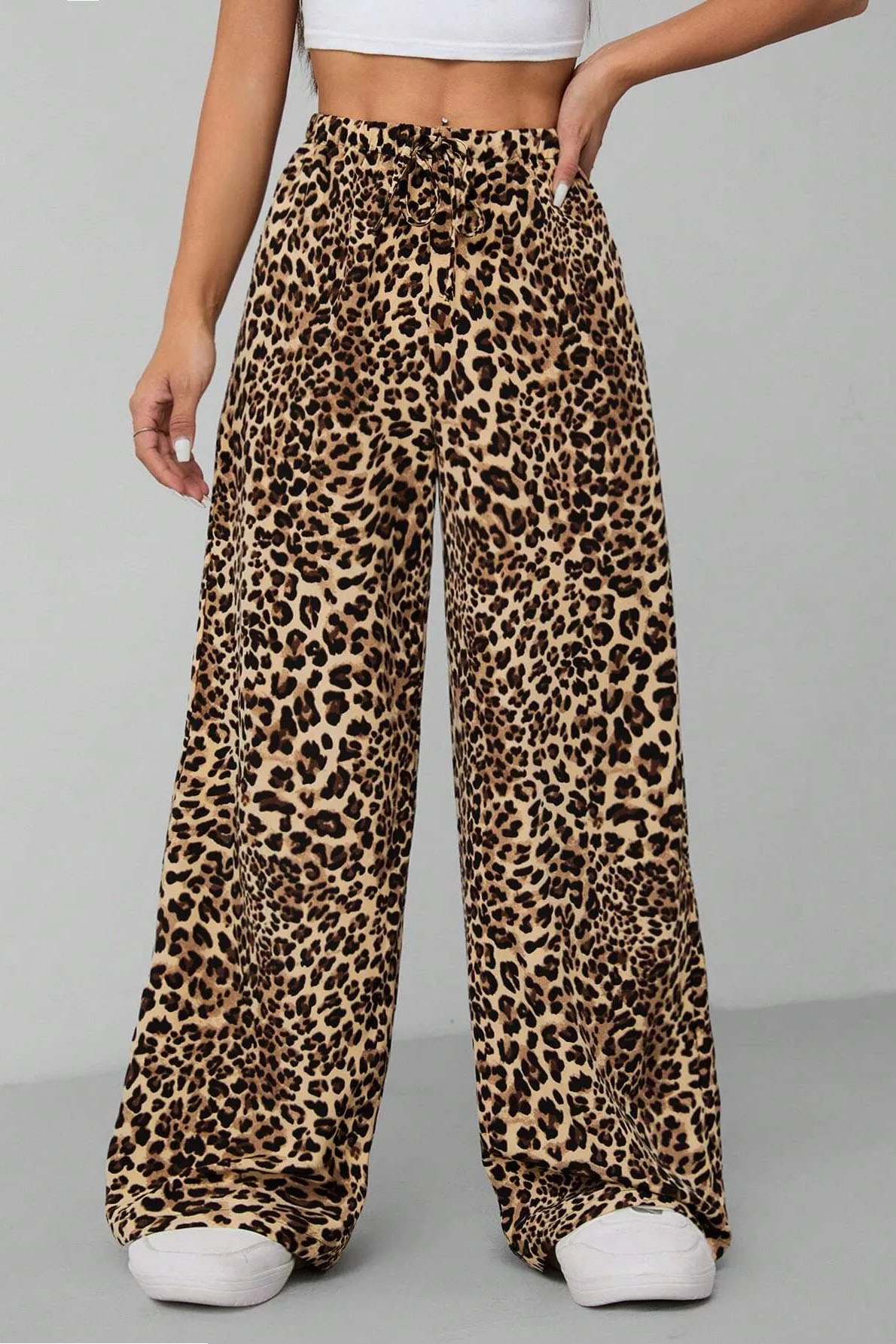 High Waist Leopard Print Drawstring Decor Wide Leg Trousers