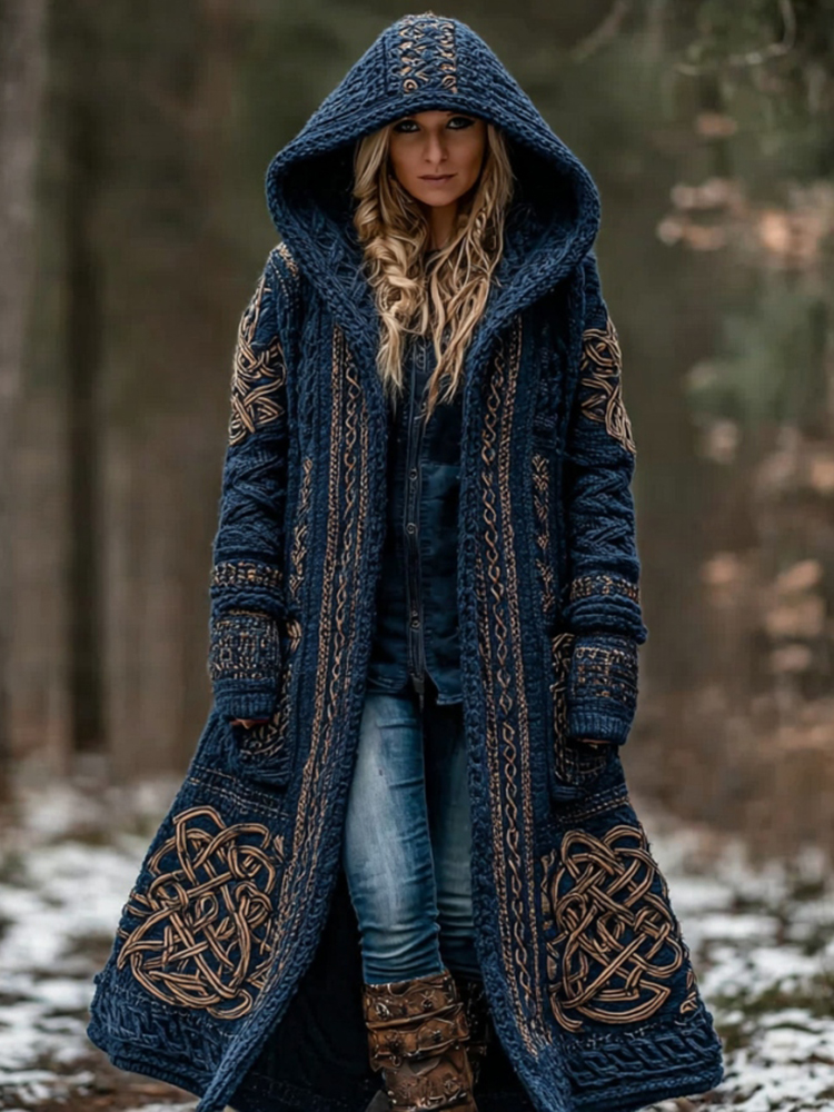 Women's Vintage Viking Celtic Knot Knit Long Sweater Jacket