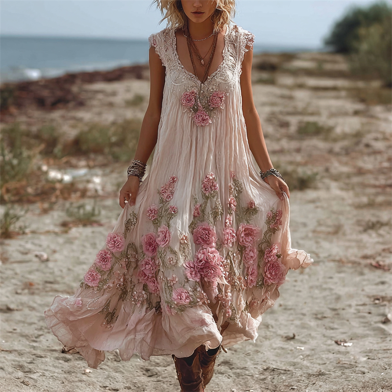 Vintage Pink Roses Fiber Art Lace Flowy Linen Maxi Dress