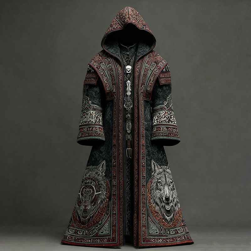 Men's Wolf Head Embroidered Viking Long Robe-style Hooded Cloak