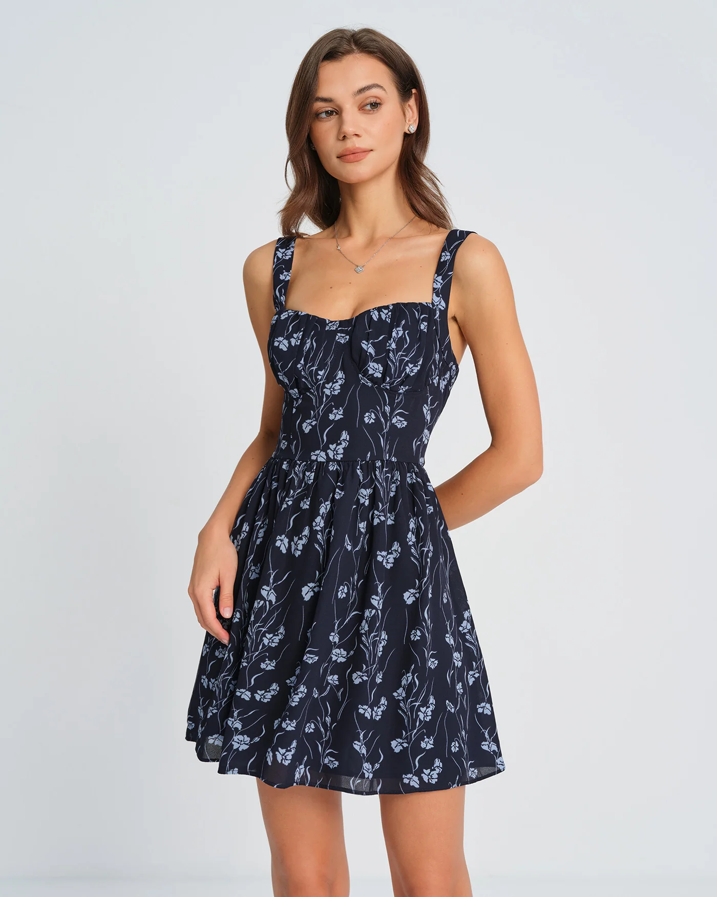 Navy Sweetheart Neck Floral Mini Dress