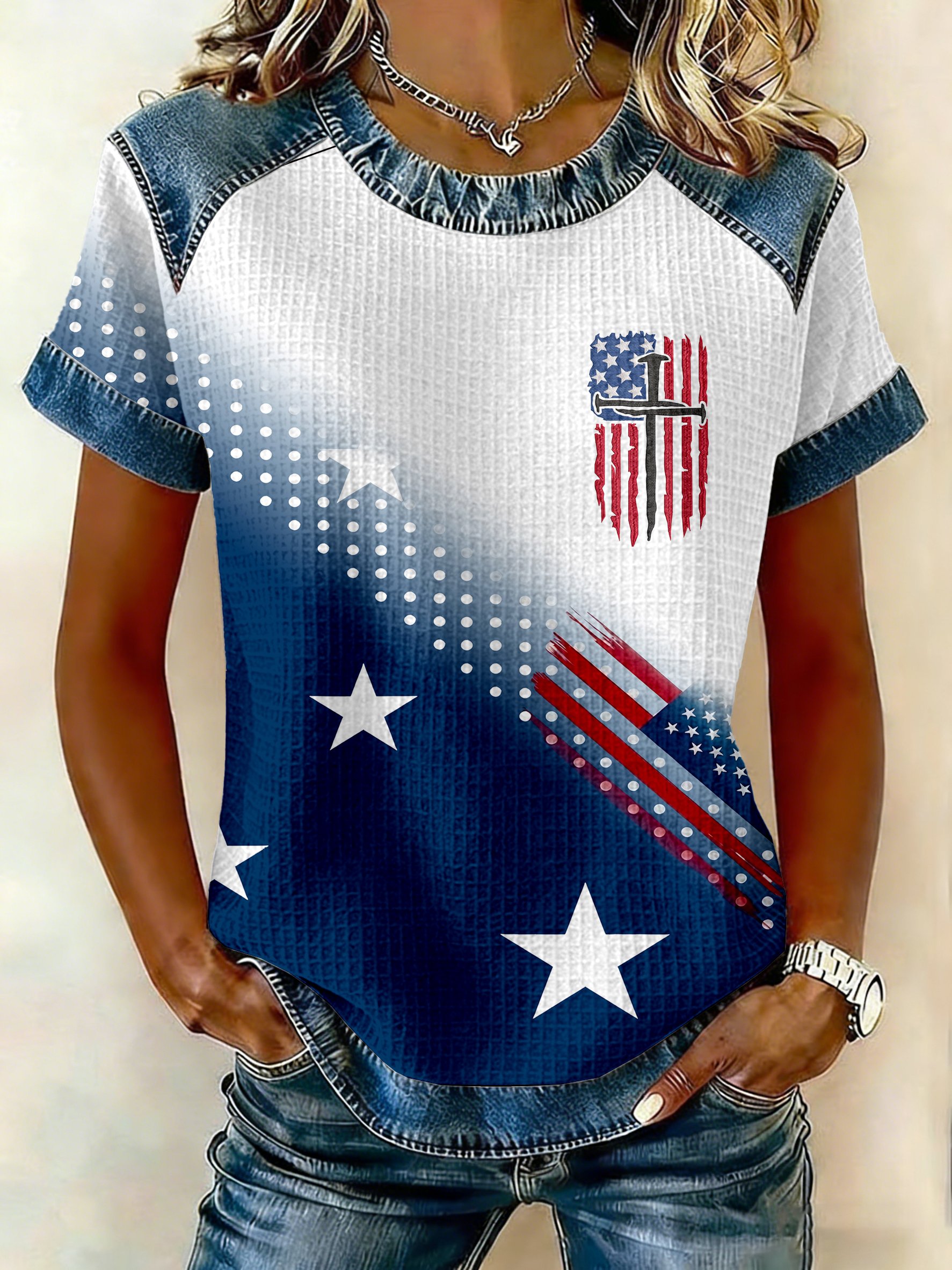 Women's 250th America Anniversary Casual Printed Waffle Knit Short-Sleeved T-Shirt