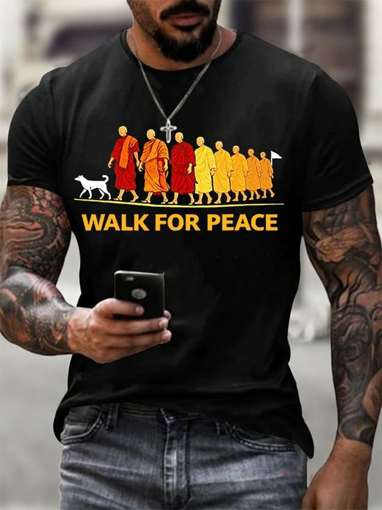 Men's Walk For Peace Monks With Aloka Dog Print Short Sleeve Casual T-shirt