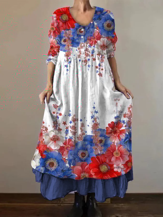 Women's casual red, blue and white floral cotton and linen dress