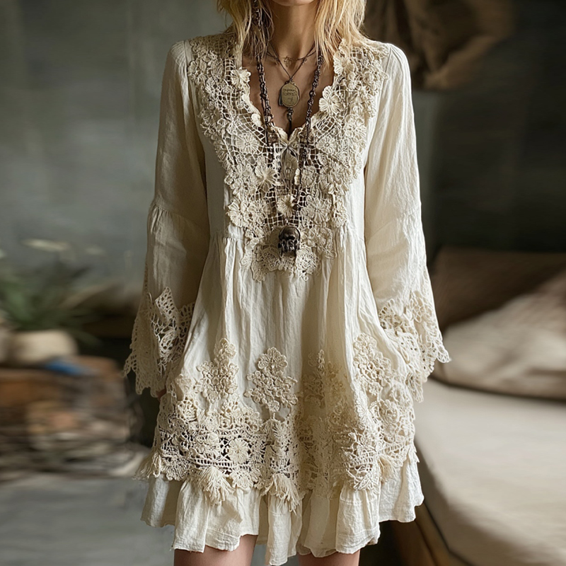 Women's Vintage Lace Floral Art Linen Midi Dress