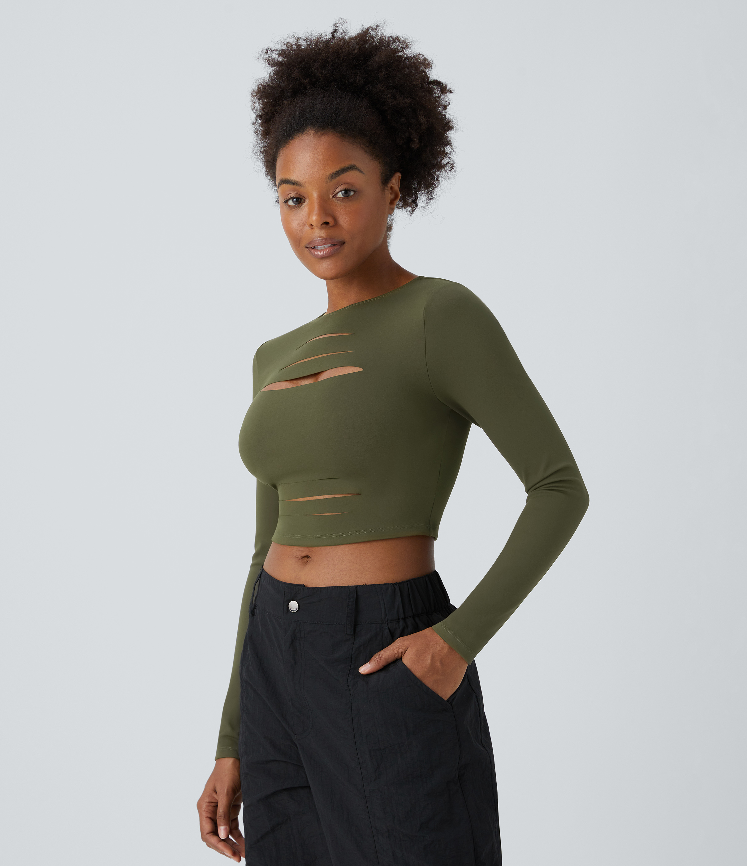 Round Neck Long Sleeve Cut Out Ripped Skinny Cropped Casual Top