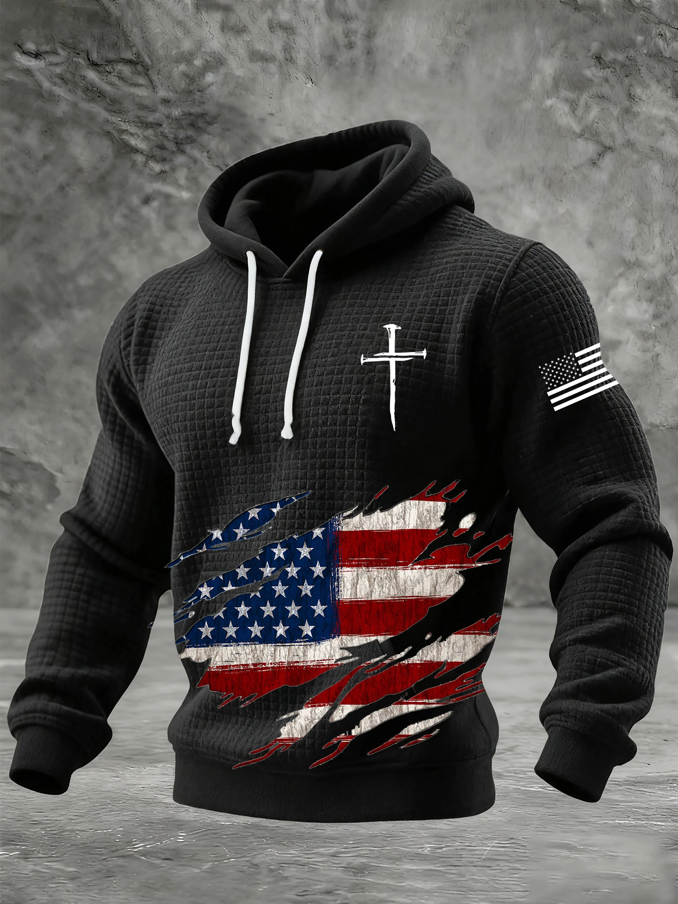 Men's Vintage American Flag Print  Hooded Sweatshirt