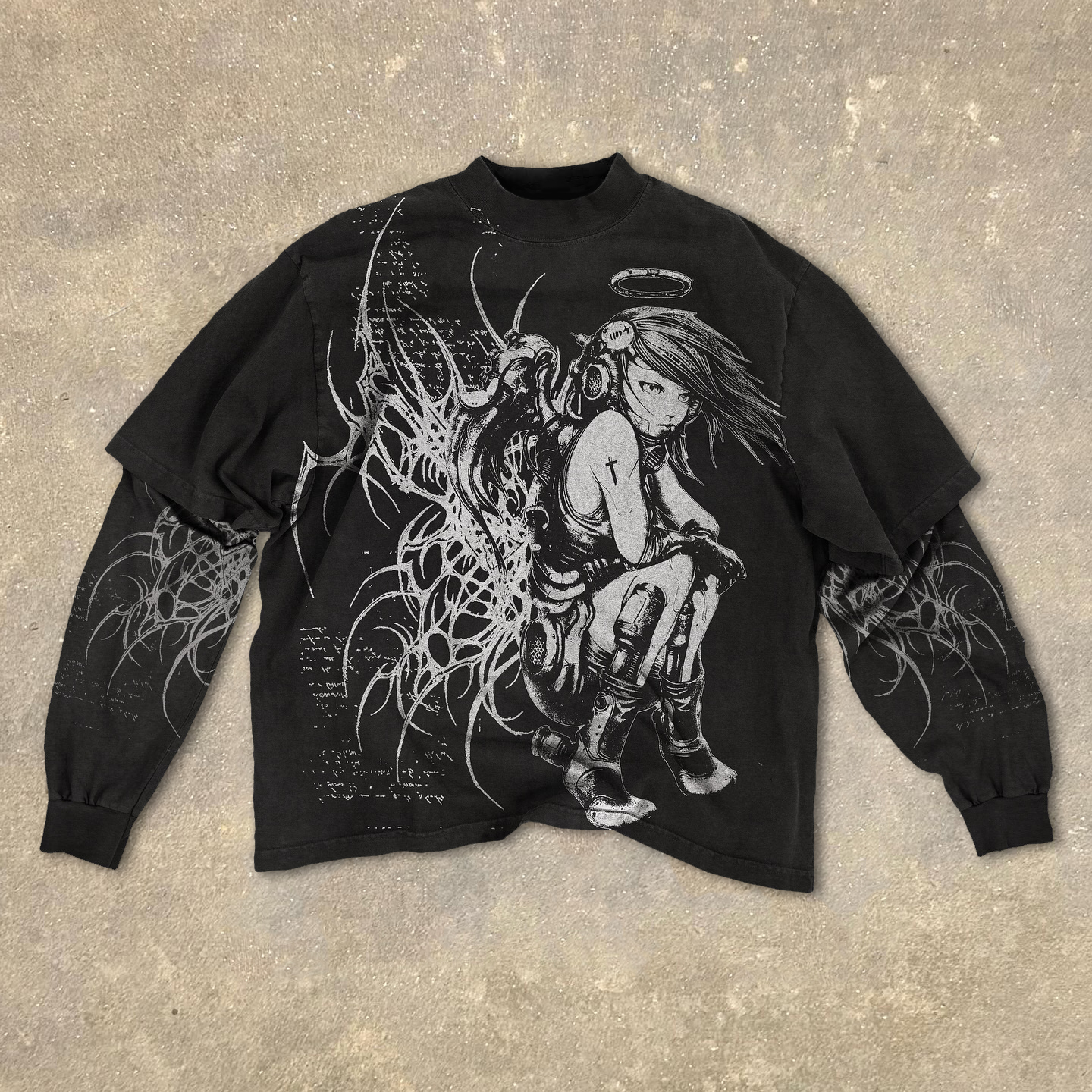 Fake Two Angel Girl Print Long Sleeve T-Shirt