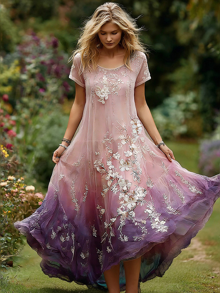 Women's Japanese Cherry Blossom Pattern Casual Linen Dress