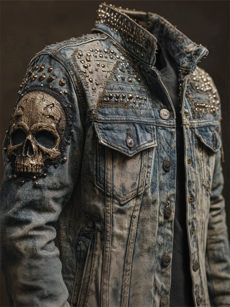 Men's Vintage Rock Skull Studded Washed Denim Jacket