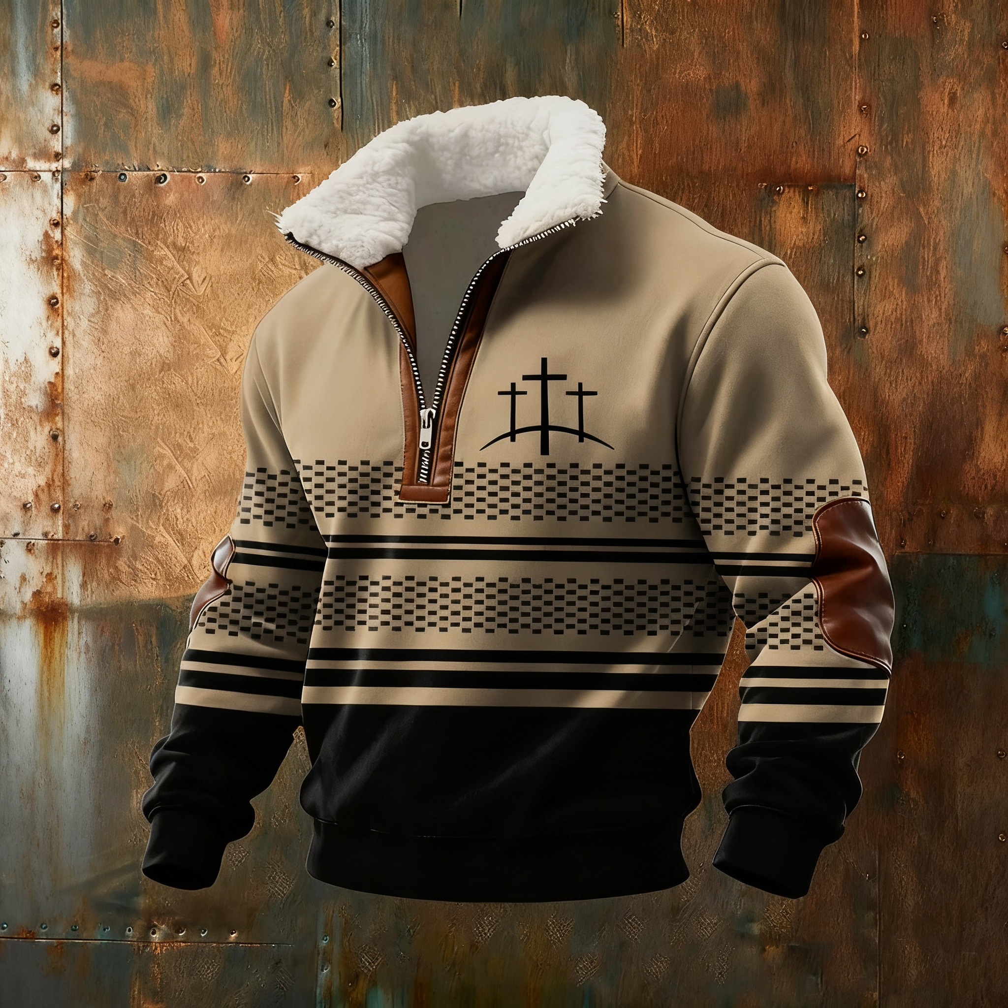 Men's Retro Faith Casual Printed Fur Collar Sweatshirt