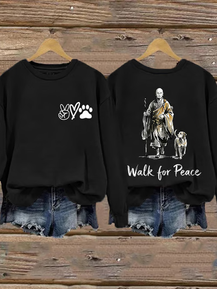 Retro Walk For Peace Monks With Dog Print Sweatshirt