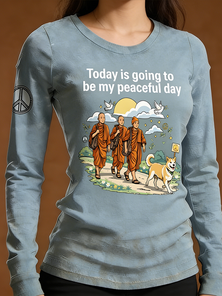 Peace Symbol Print Casual Long-sleeve T-shirt