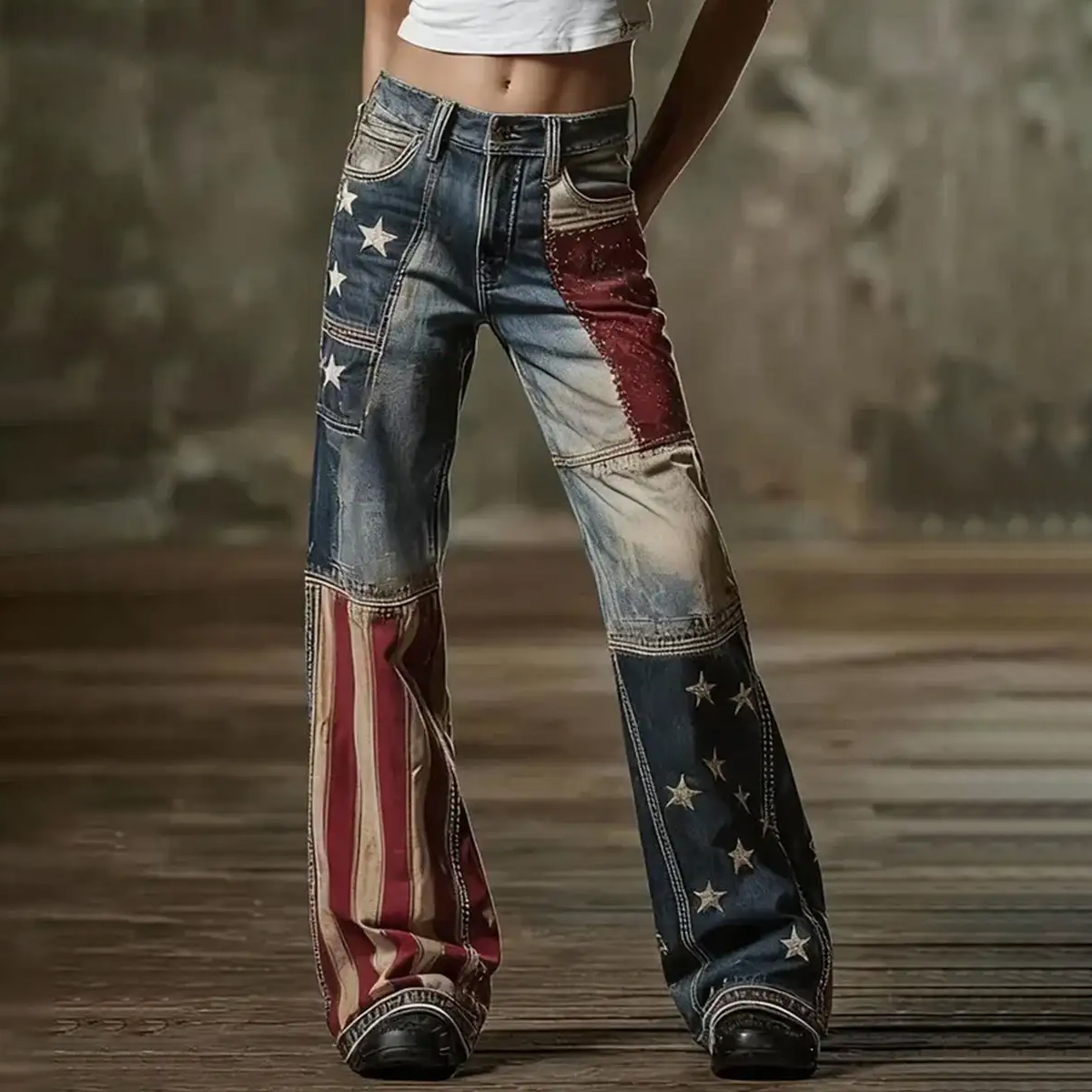 Women's American Flag Inspired Print Vintage Jeans