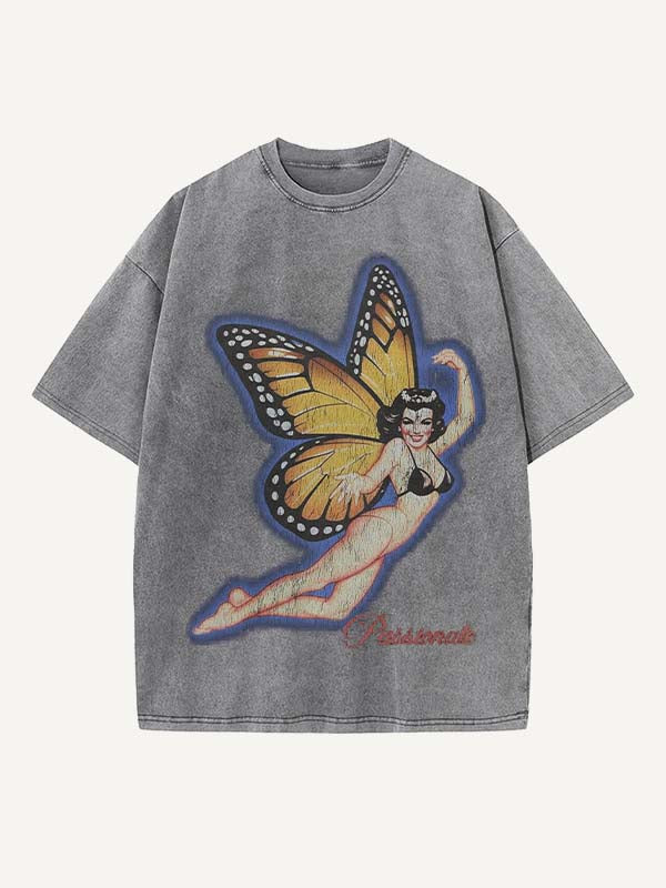 Distressed Washed Figure&Wing Print Round Neck T-shirt