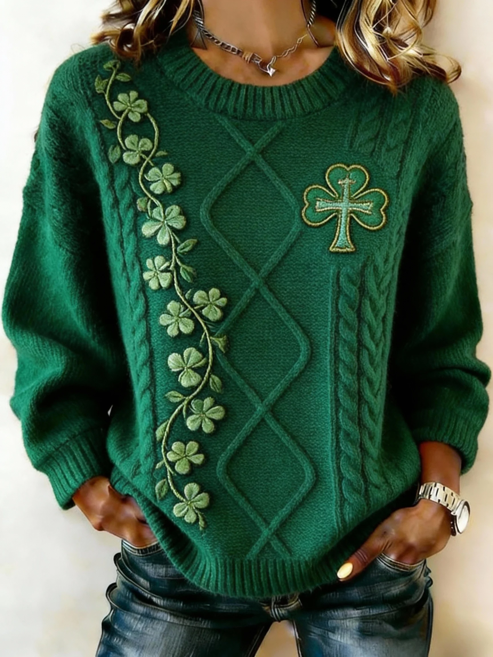 Women's Clover Cross Print Crew Neck Sweater-Fast Shipping
