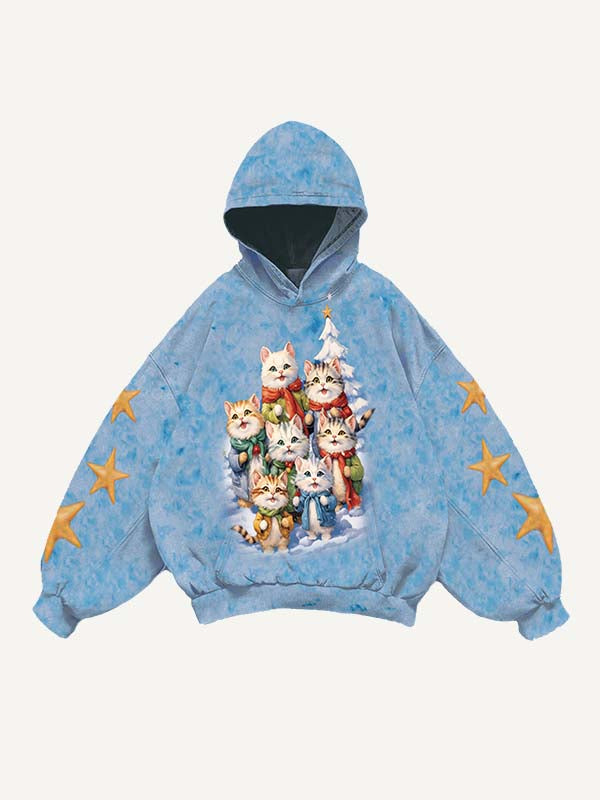 Tie-dye Cat Print Slant Pockets Hoodie