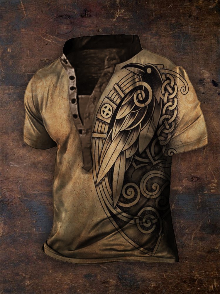 Men's Vintage Celtic Raven Faded Henley Shirt