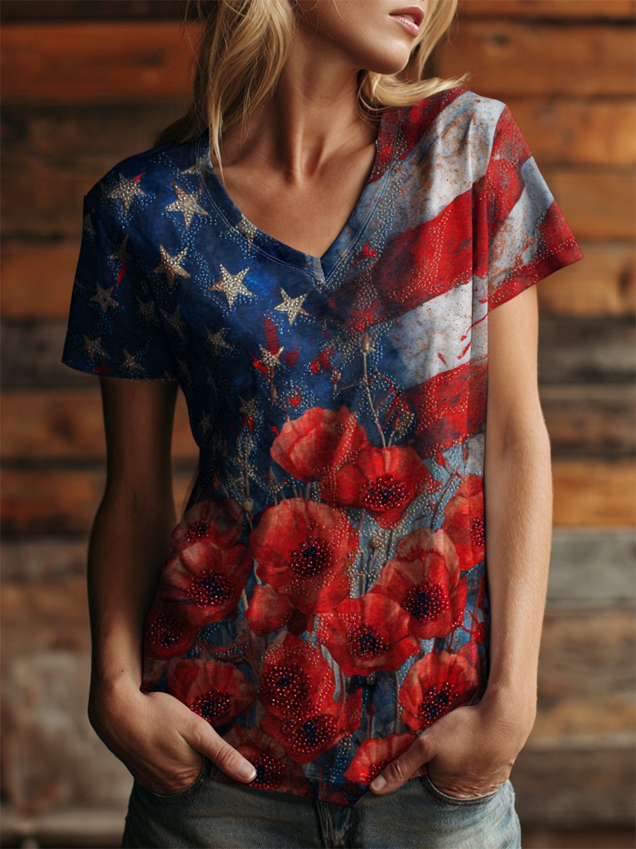 Women's Retro Poppy Red Friday Commemorative Short-Sleeve T-Shirt