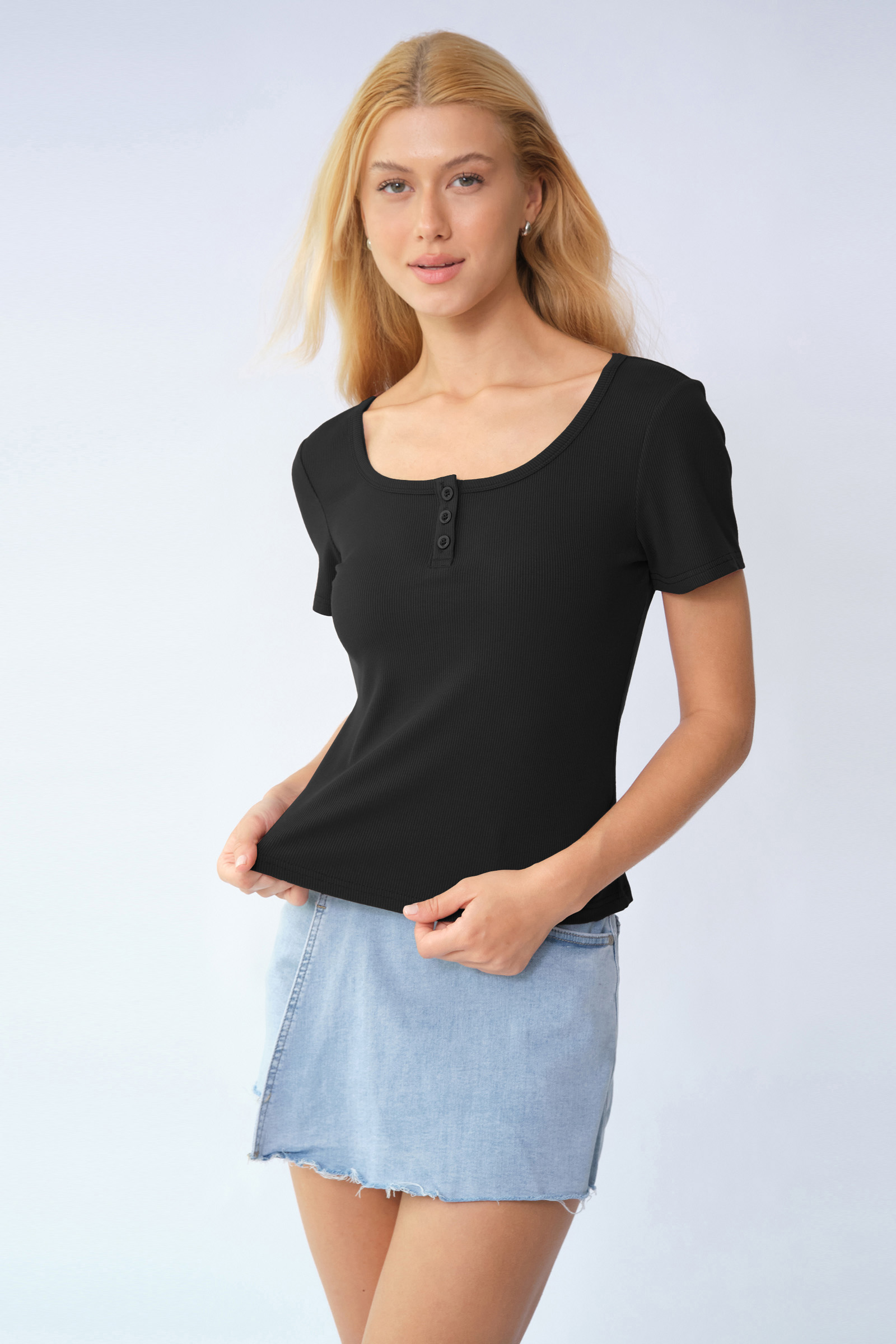 Basic Solid Color Button Square Neck Slim Short Sleeve Top