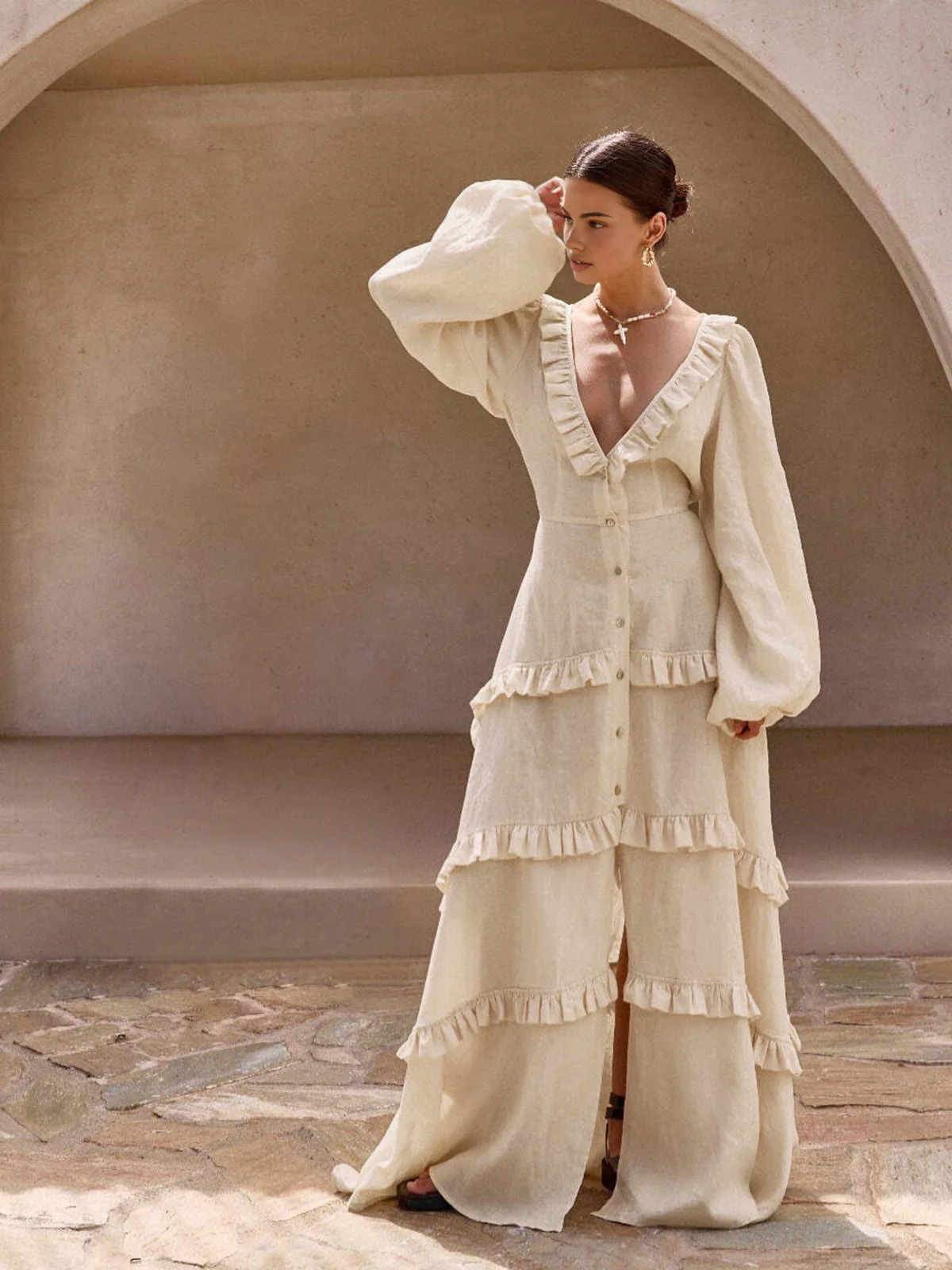 Cotton & Linen Semi-Sheer Ruffle Trim Long Dress