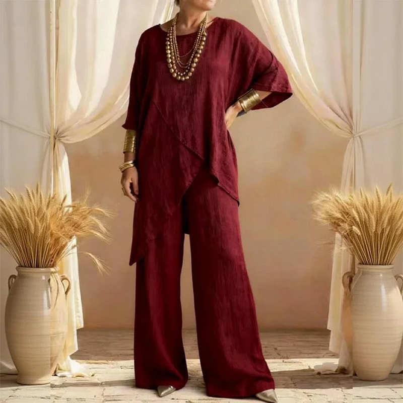 Women's Comfy Linen Blend Flowy Double Layer Design Top And Pants Two-piece Set