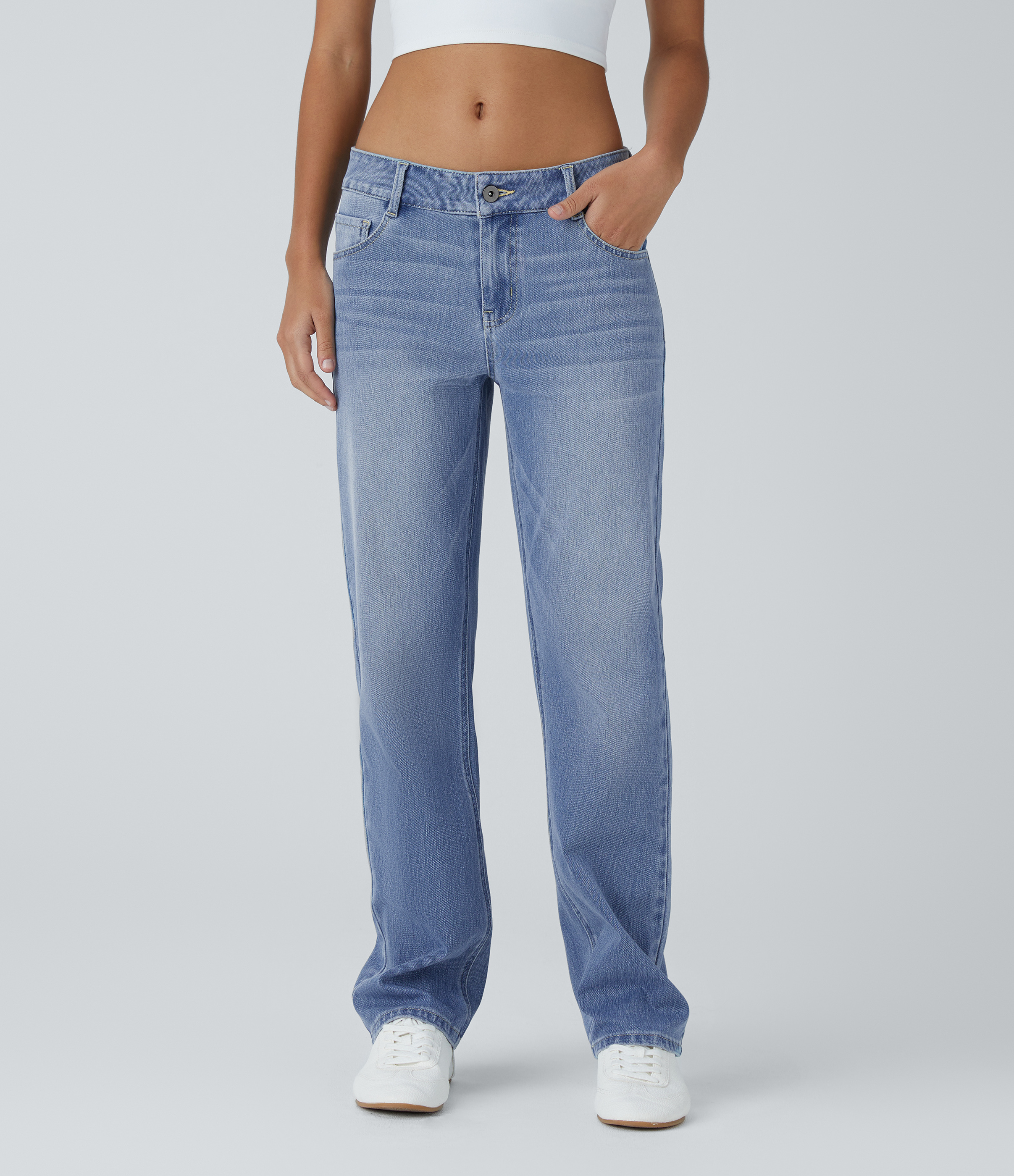Halara Flex™ Low Rise Zipper Pockets Straight Leg Washed Casual Jeans