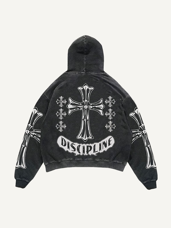 Cross&Letter Print Slant Pockets Hoodie