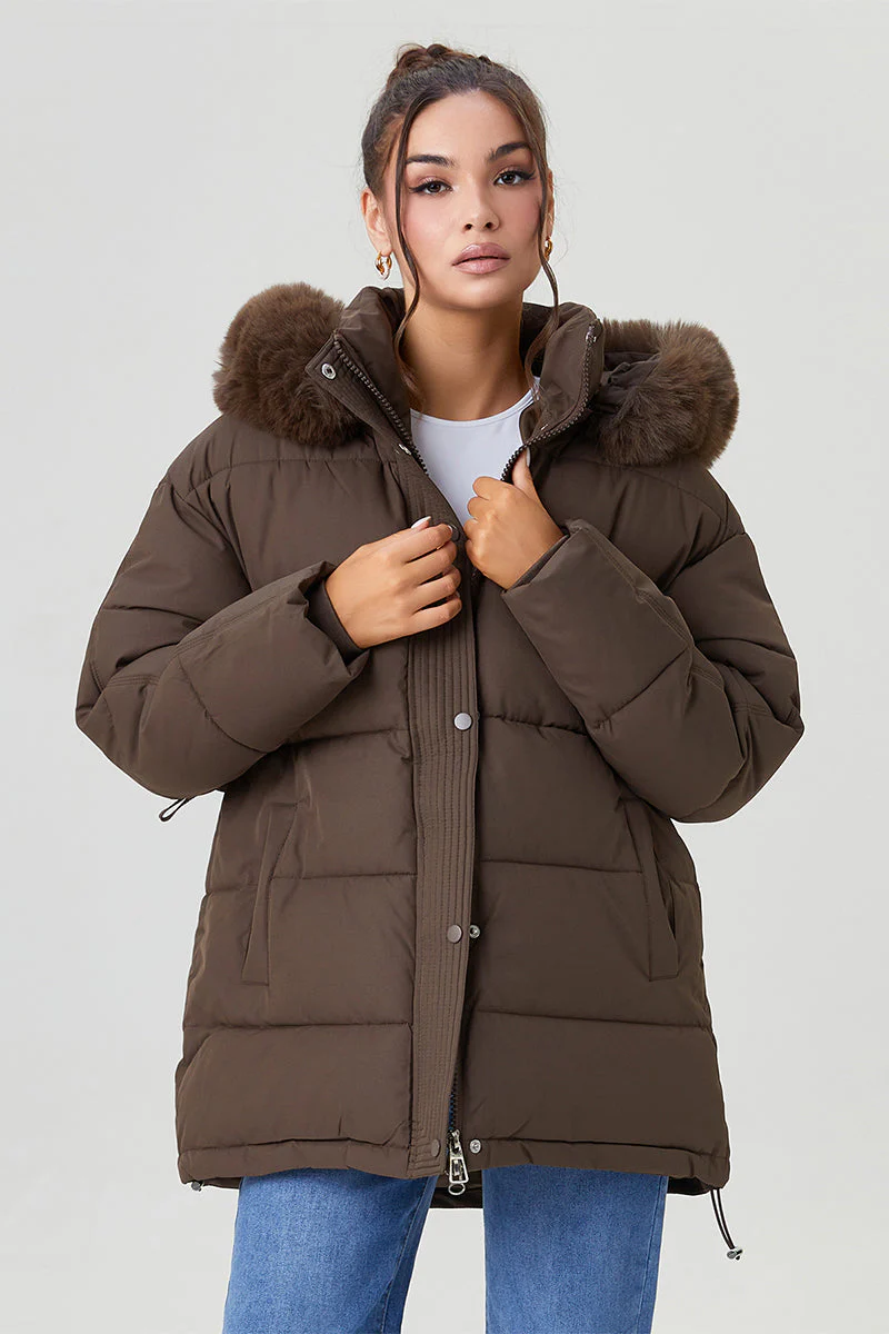 Women's Classy Solid Color Fluffy Hooded Zip-Up Belt Decor Mid-Length Cotton Coat