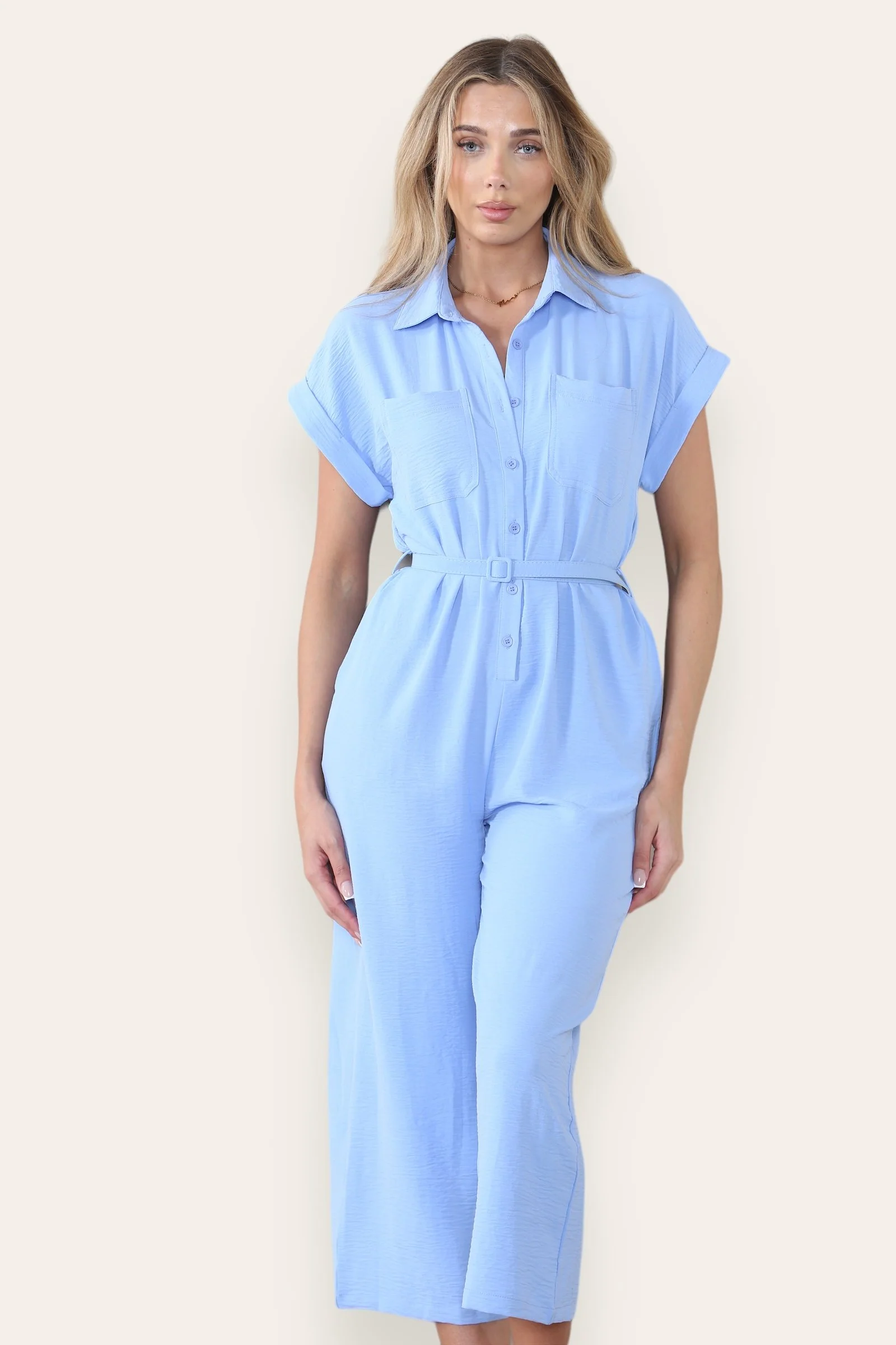 Collared Neck Partial Button Jumpsuit With Matching Belt