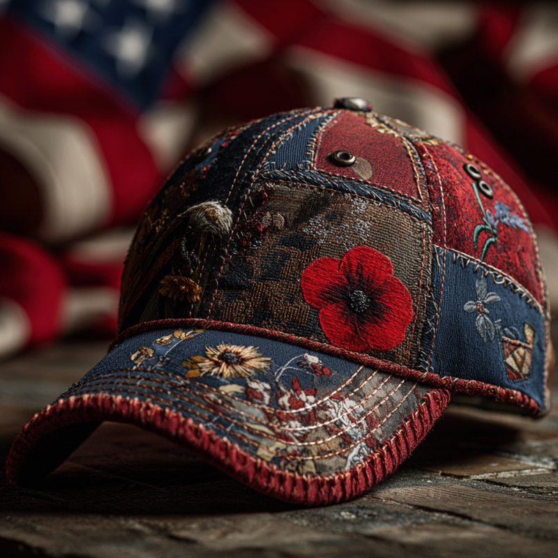Retro Veteran Flag Poppy Print Hat