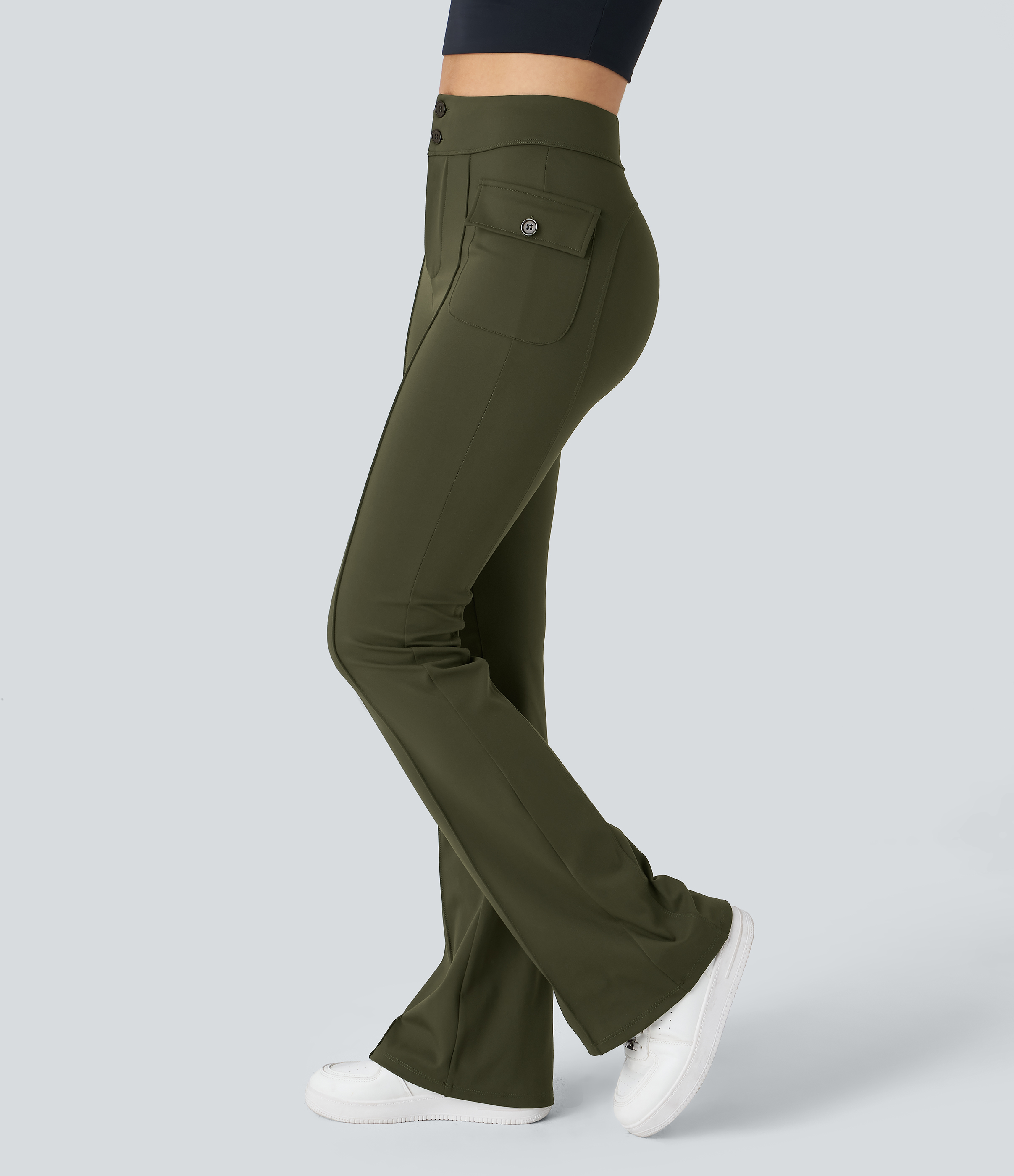 High Waisted Side Flap Pocket Flare Casual Cargo Pants