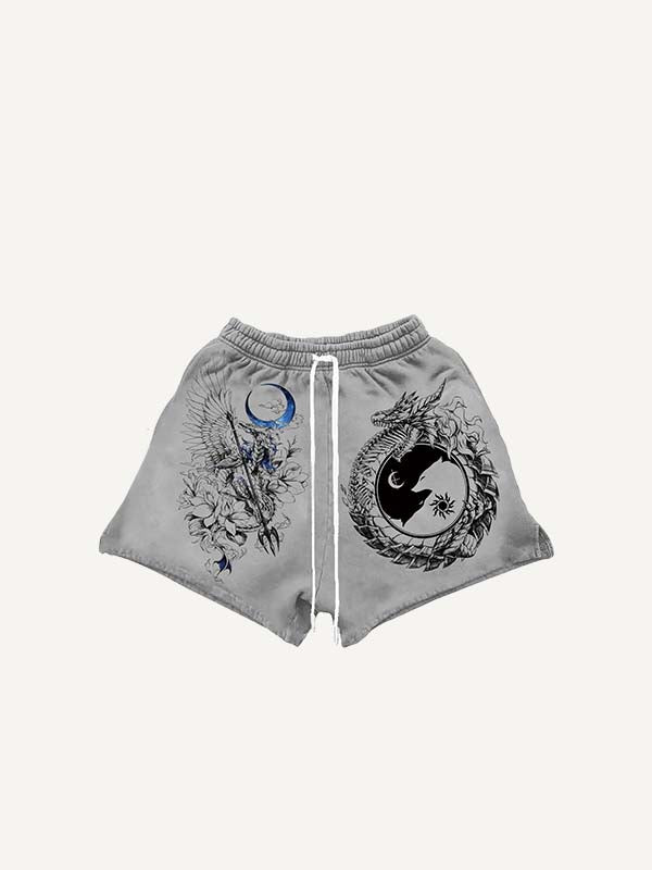 Sun&Moon&Dragon&Wing&Floral Print Drawstring Waist Shorts