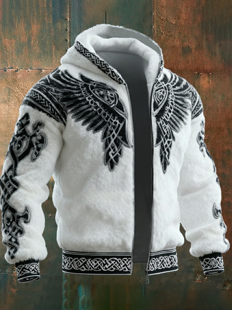 Men's Viking Tribal Jacquard Celtic With Wings Inspired Art Plush Warm Zipped Hooded Jacket