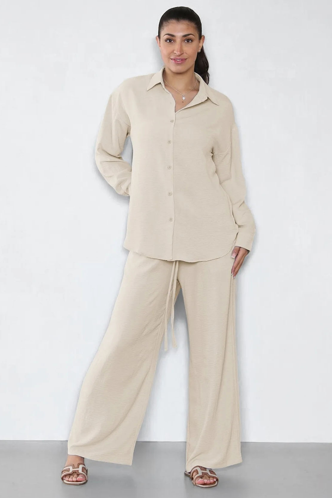 Leisure Plain Collared Long Sleeve Button Up Loose Shirt & Drawstring Wide Leg Trousers Co-ord
