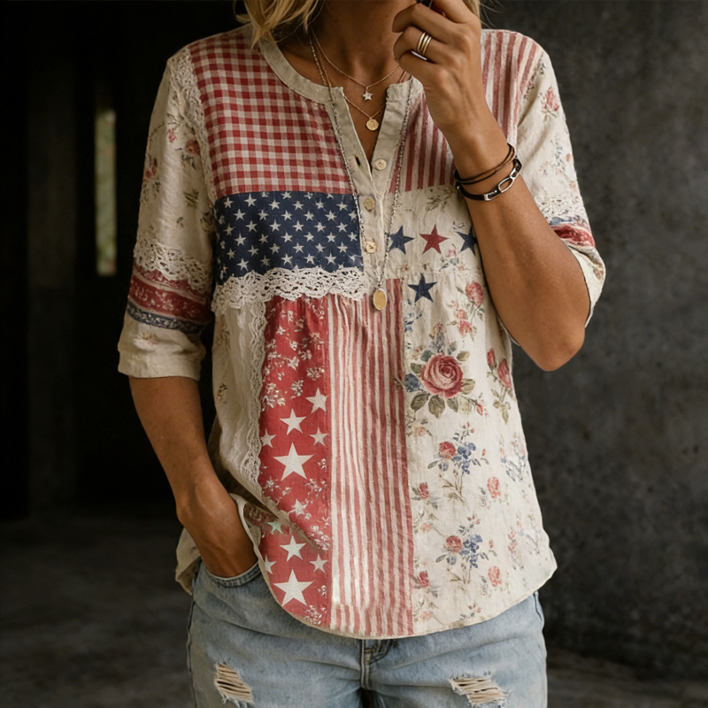 Retro Memorial Day Floral Art Print Top