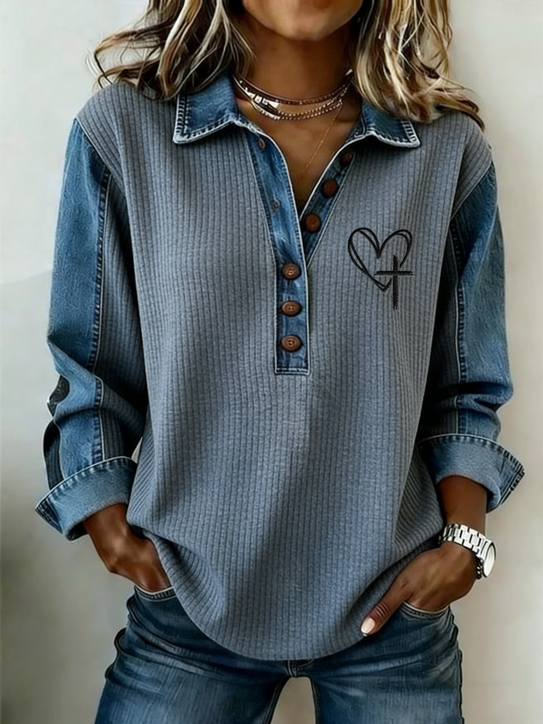 Women's Winter Fashion Casual Faux Denim Print Top-Fast Shipping