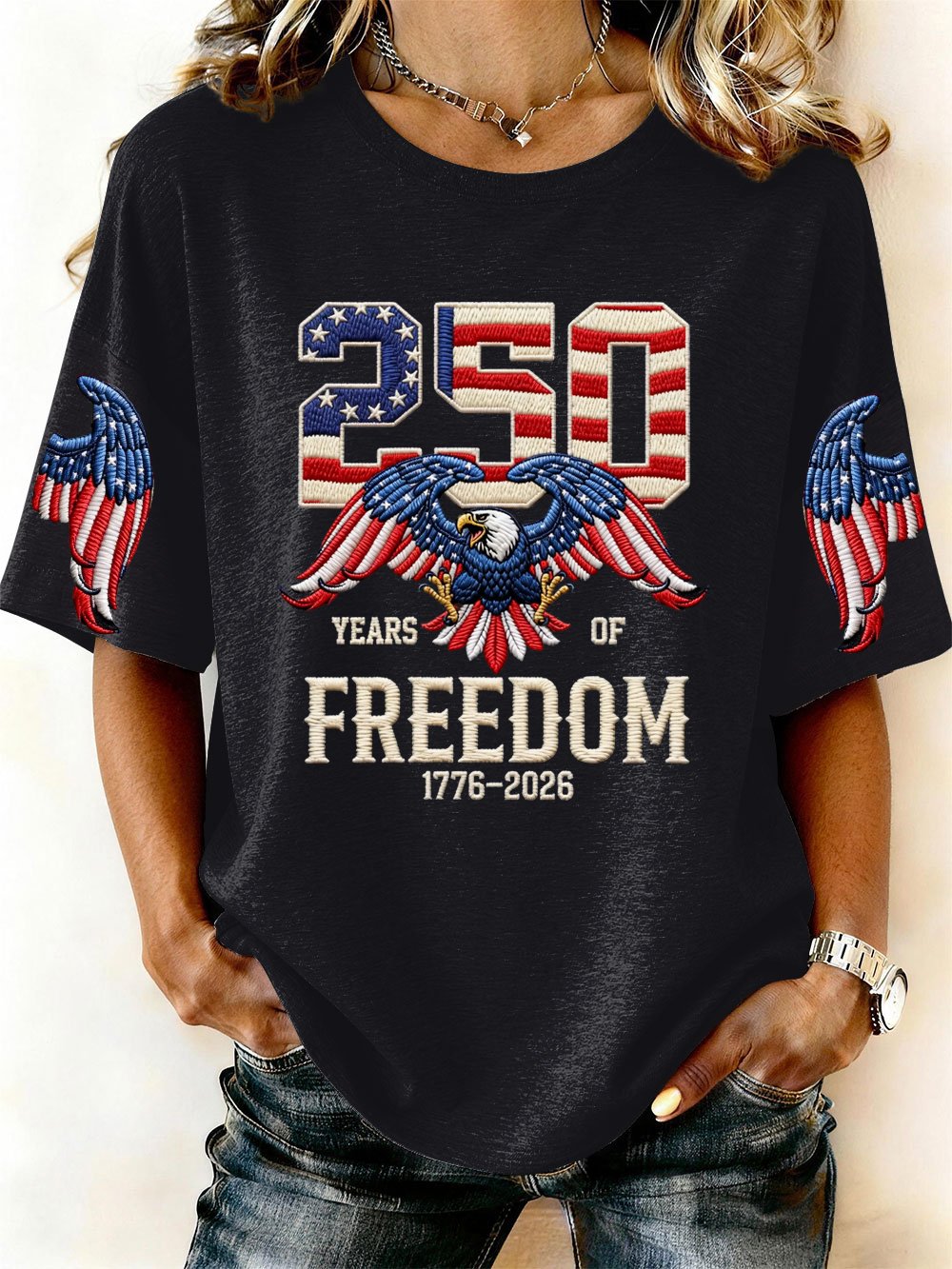 Women’s USA 250th Anniversary Embroidered Print Crew Neck Short Sleeve T-Shirt