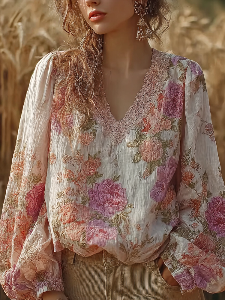 Bohemian Retro Countryside Style Plant Flower Design Cotton And Linen Women's Long-sleeve Shirt