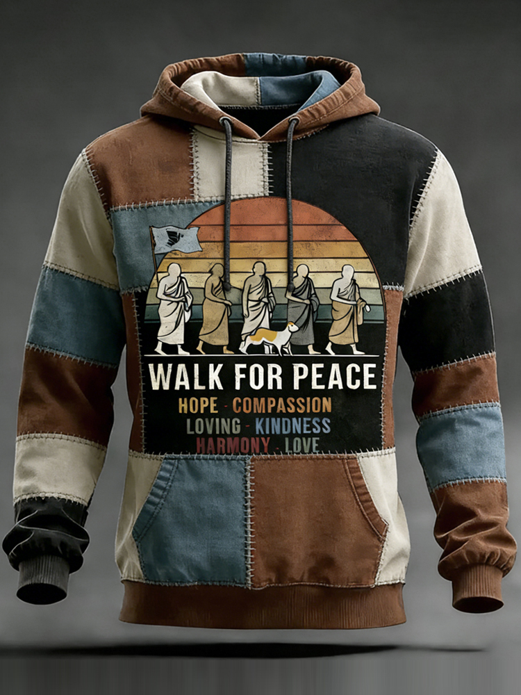 Walk For Peace Love In Every Step Artistic In Patchwork Print Distressed Hoodie