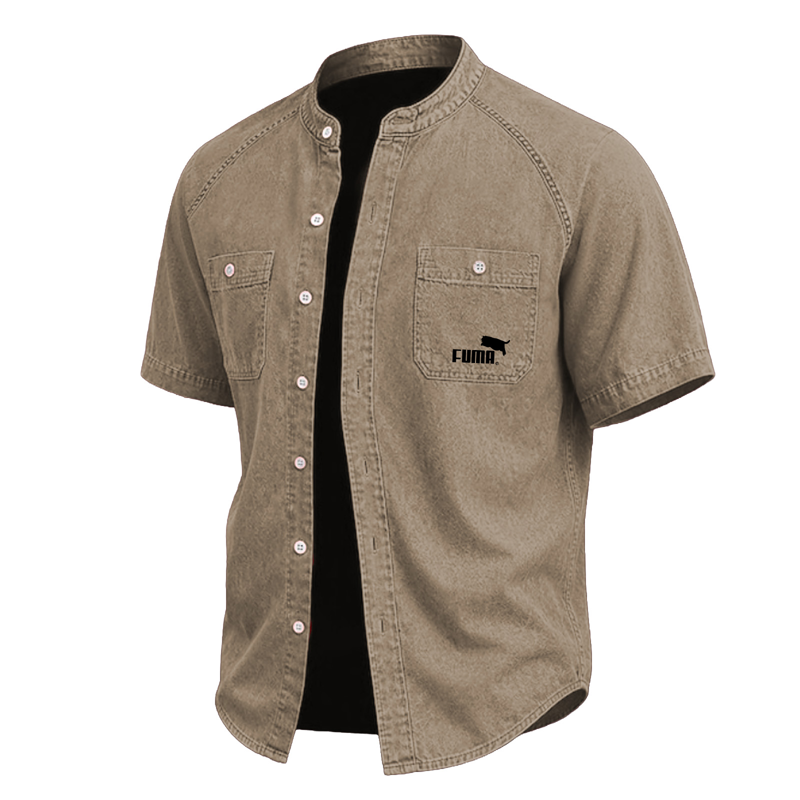 SoftFade™ Men Shirt Casual Shirt Button Up Shirt Cotton Acid Wash Shirt Black Light Green Pink Purple khaki Short Sleeve Plain Grandad Collar Casual Daily Front Pocket Clothing Apparel Elegant Fashion