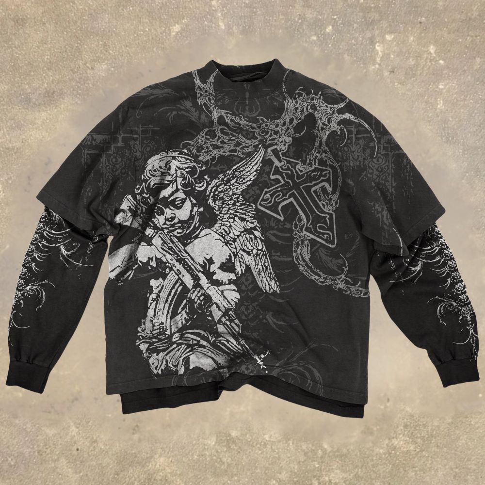 Gothic Armed Angel & Cross Fake Two-Piece Shirt
