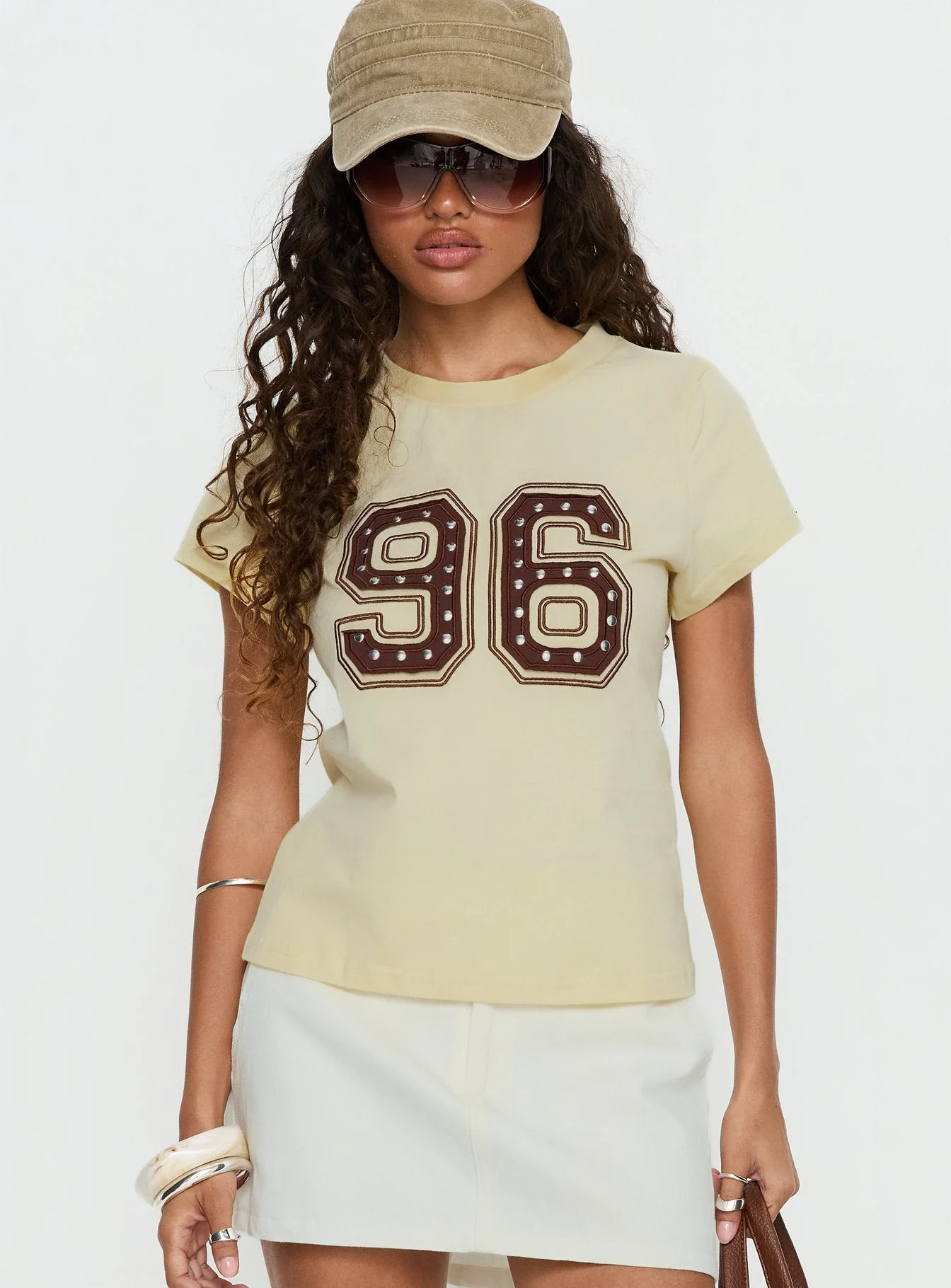 96 Charm Studded Graphic Baby Tee Yellow