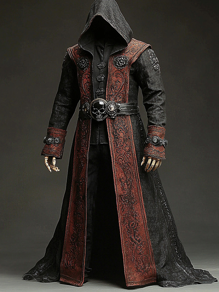 Men's Viking Warrior Color-blocked Skull Studded Hooded Cloak