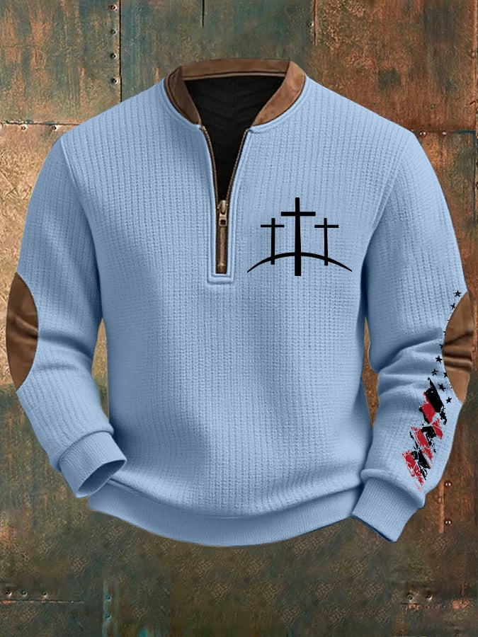 Men's Retro Faith Design Printed Zip Knit Sweatshirt