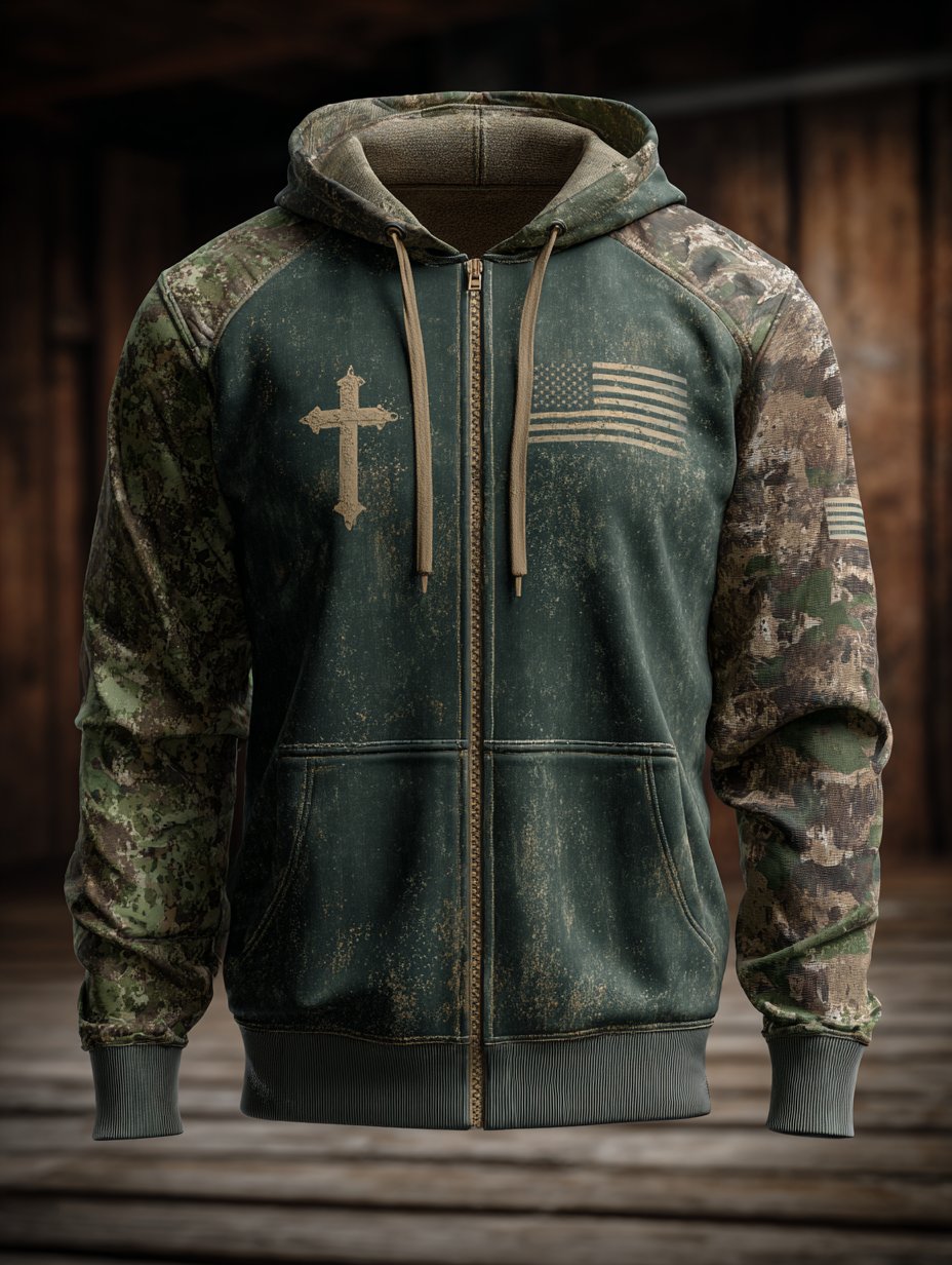 Men's Vintage Casual Faith American Flag Zip Hoodie