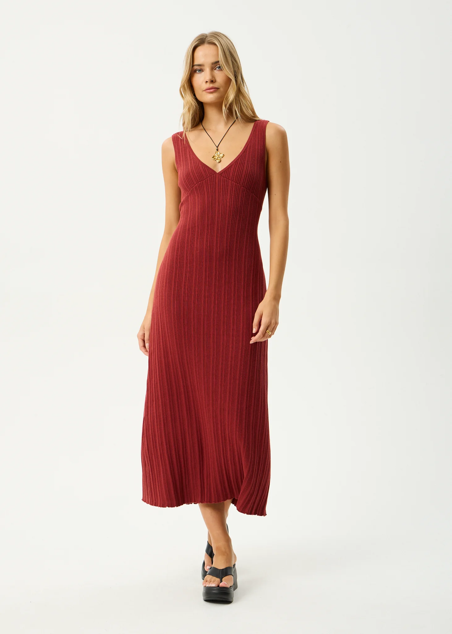 AFENDS Womens Iris - Knit Midi Dress - Red Rum