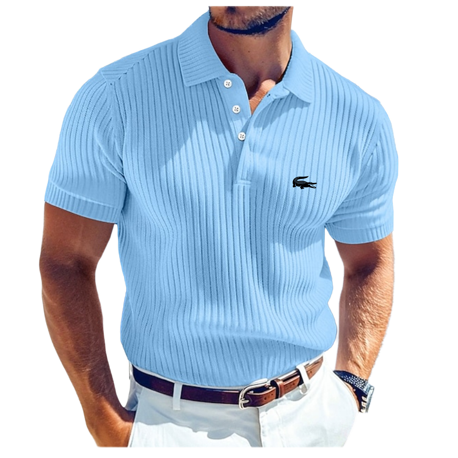 Men's Rib Knit Top Textured Casual Work Lapel Ribbed Polo Collar Short Sleeve Basic Modern Color Block Buttons Knitted Spring & Summer Summer Regular Fit White Yellow Burgundy Navy Blue Light Blue